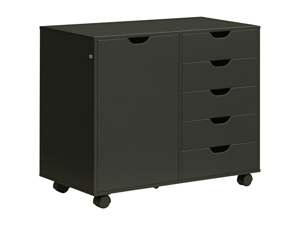 Caja de oficina con 5 cajones, 1 puerta, estante ajustable y soporte para impresora con ruedas, 78 x 40 x 66,5 cm, color rojo