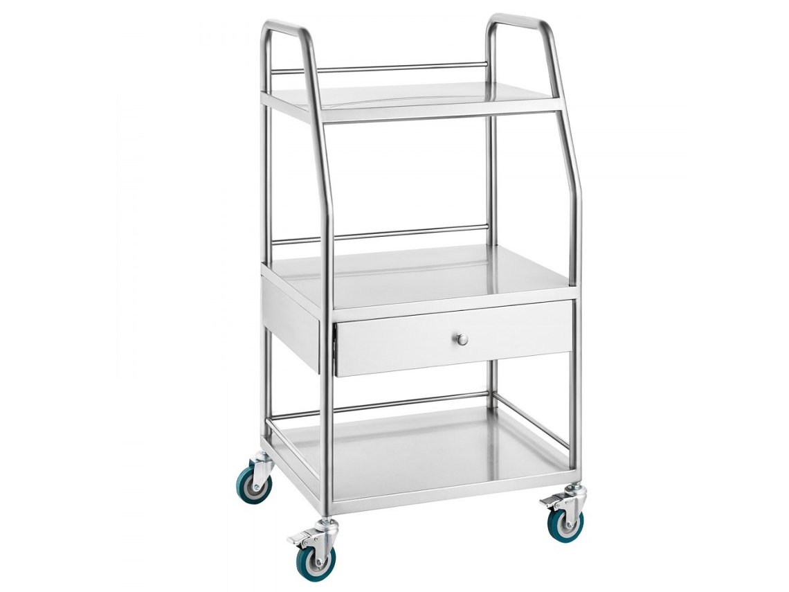 Carro de laboratorio de acero inoxidable con 3 estantes y cajón, ruedas con freno y capacidad de 100 kg para uso médico y dental. Tekmaquinas