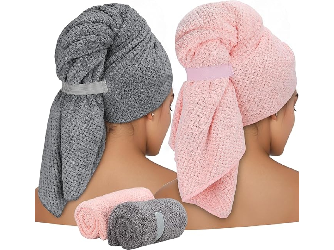 Toalla De Microfibra Para Cabello Largo - 2 Unidades - 100 X 60 Cm - Súper Absorbente - Material De Vellón Coral - Gris + Rosa