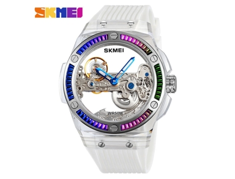 Reloj Esqueleto Mecánico Automático Impermeable para Hombre con Correa de Sílice Blanca VEANXIN