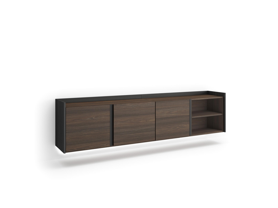 Mueble para TV, 207x35x50cm, para televisores de hasta 80'', montaje en pared, LED, roble oscuro y negro.