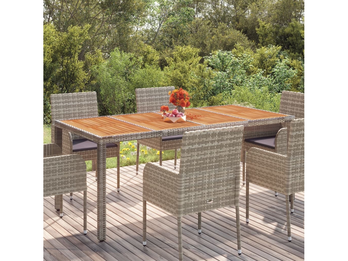 Mesa de jardín LOVELY HOME con tapa de madera de mimbre y patas grises (190 x 90 x 75 cm)
