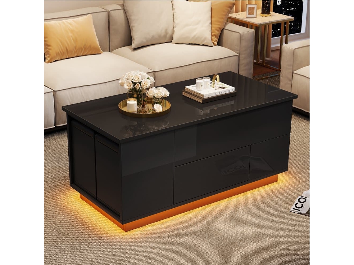Mesa De Centro 100x50x45 Cm - 4 En 1 Led, Altura Ajustable, 2 Cajones, Sofá Y Taburetes - Negro