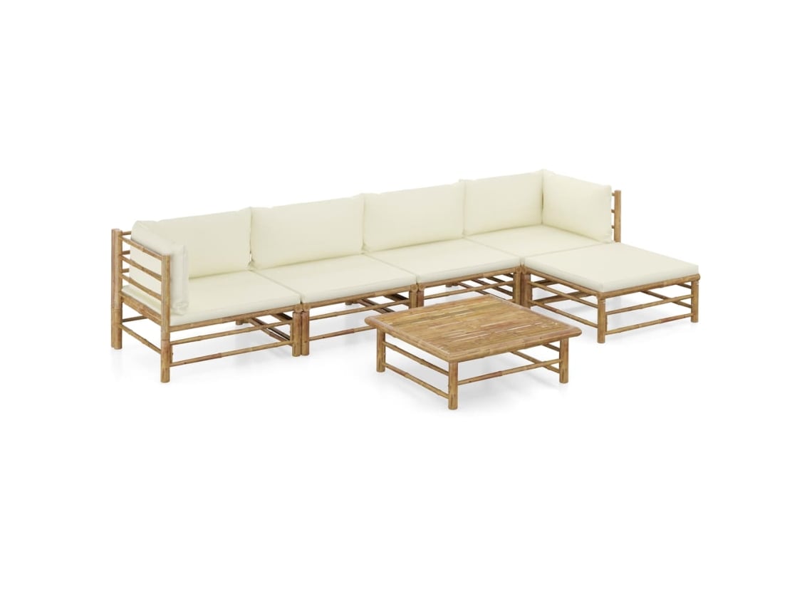 Conjunto de jardín de bambú de 6 piezas con cojines en blanco crema de DKD Home Decor