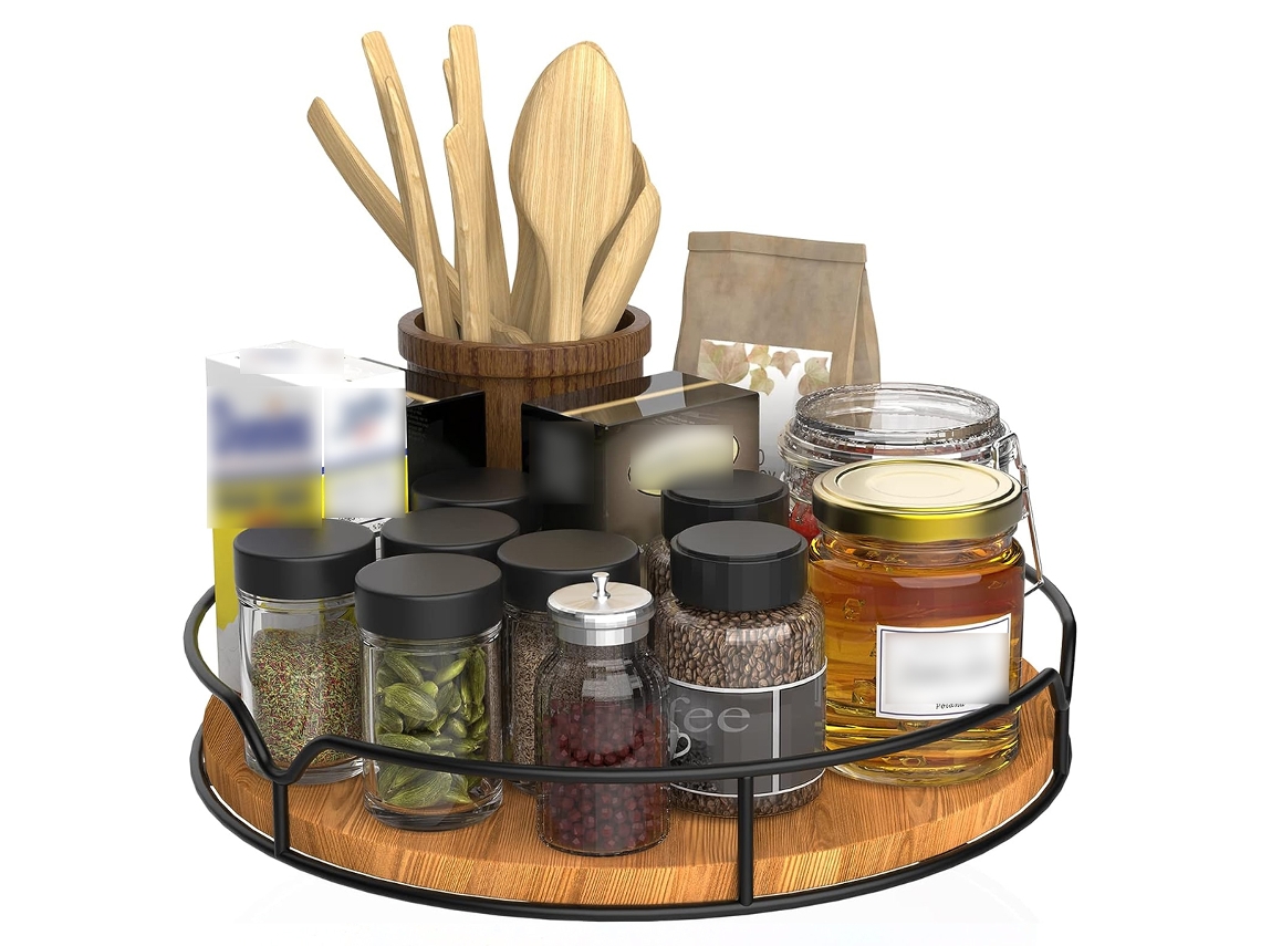 VVJIJILLY Suporte Giratório Lazy Susan Em Madeira Preta, Organizador De Bancada/cozinha/frigorífico 22,9cm