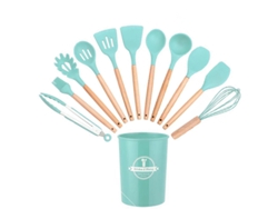 Juego de 12 utensilios de cocina de silicona antiadherentes sin BPA, color verde