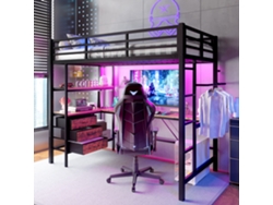 Cama Alta De 90x200 Cm, Escritorio Led, Usb, 3 Cajones, Estantes, Riel Negro.