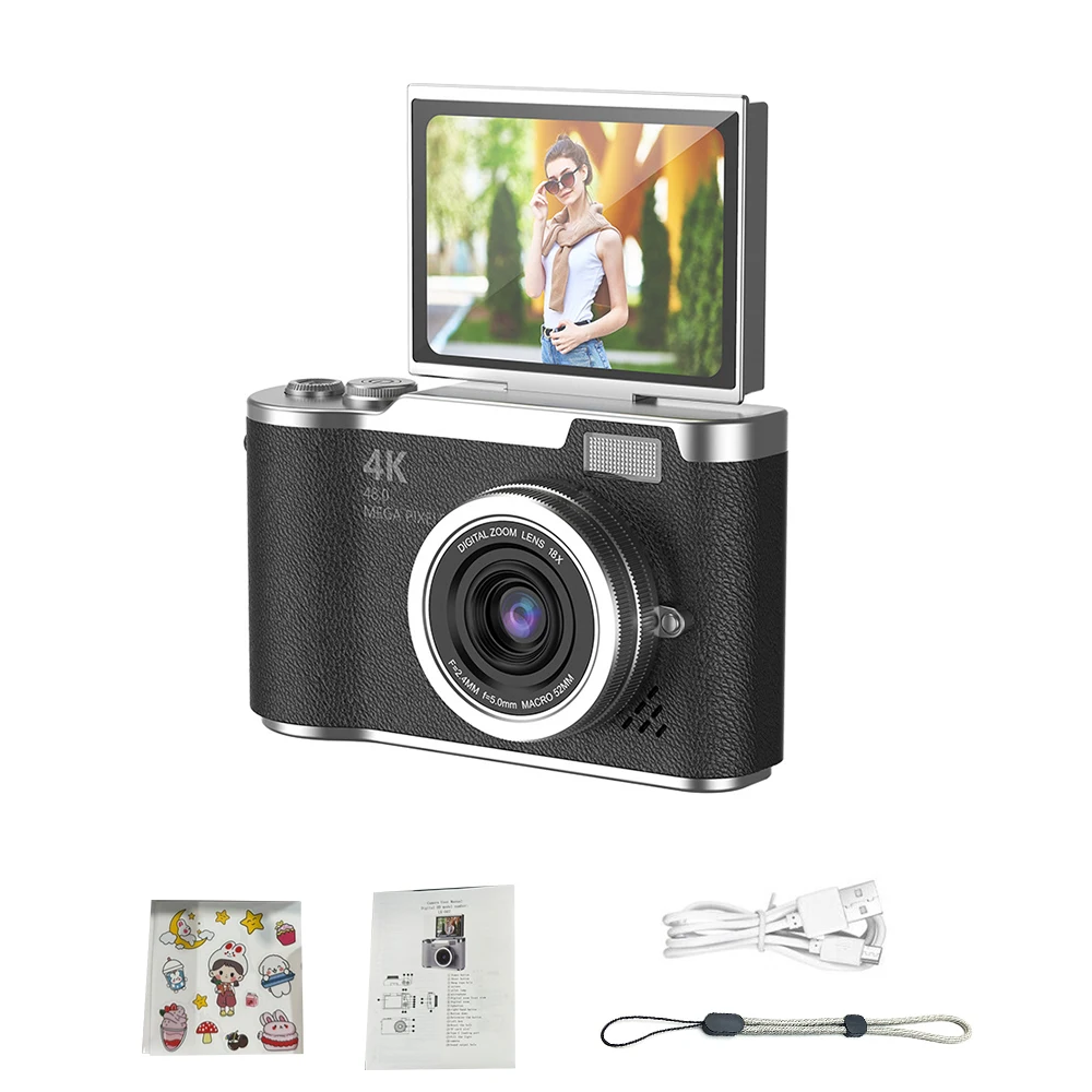 (negro - 128 Gb) Cámara Digital 4k - 48 Mp - Cámara Para Niños - Enfoque Automático - Pantalla De 2,4 Pulgadas - Abatible 180°