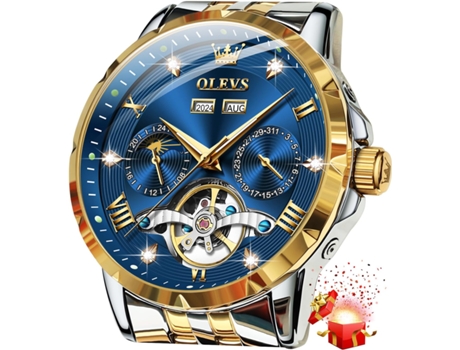 VEANXIN Reloj automático de fase lunar de acero inoxidable Tourbillon hueco con diamantes para hombre(ORO-AZUL)
