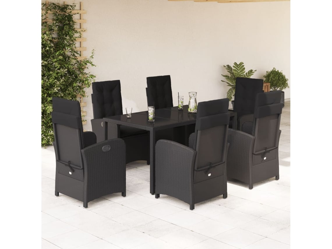 Juego de comedor de jardín de 7 piezas DKD Home Decor con cojines de mimbre negros