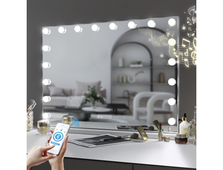 Espejo de Maquillaje de Hollywood con Luz y Bluetooth FENCHILIN 18-LED Mesa-Pared (80x58 cm)