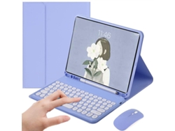 Funda con teclado para iPad 9 (2021) de 10,2 pulgadas, iPad 8, iPad 7, Air 3 Pro de 10,5 pulgadas, con ratón, teclas retroiluminadas, cubiertas de colores y teclado extraíble morado.