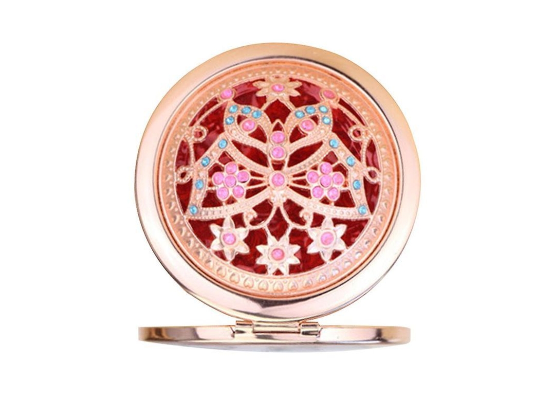 Espejo de maquillaje redondo plegable y compacto con mango de aluminio estampado retro, ideal para viajes y como regalo.
