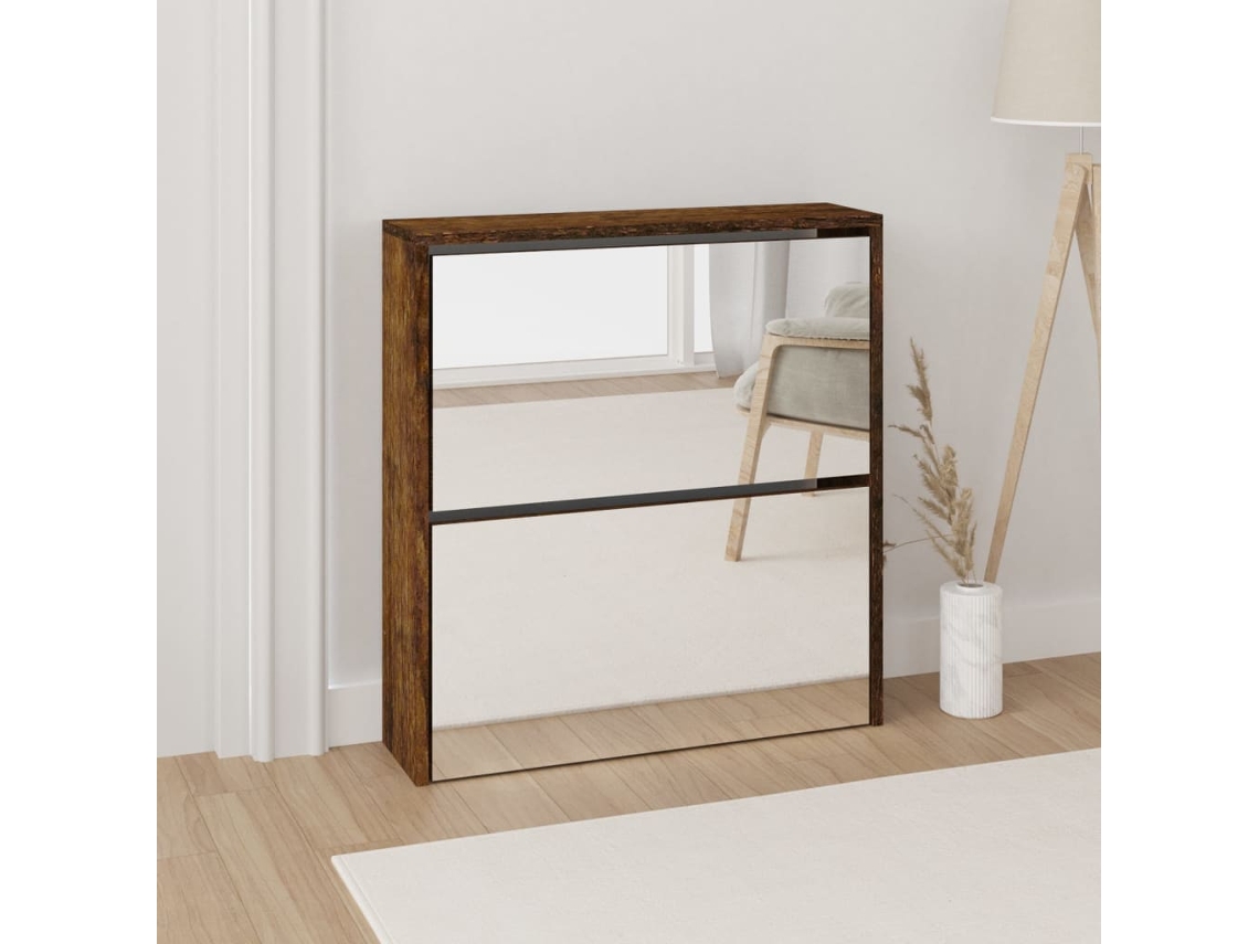 Zapatero con espejo y 2 compartimentos 63x17x67cm Roble ahumado Lovely Home