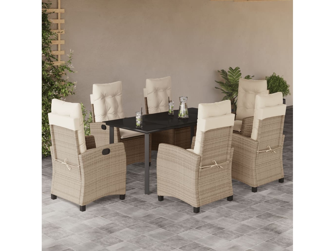 Juego de comedor de jardín de 7 piezas con cojines, mimbre sintético beige, DKD Home Decor