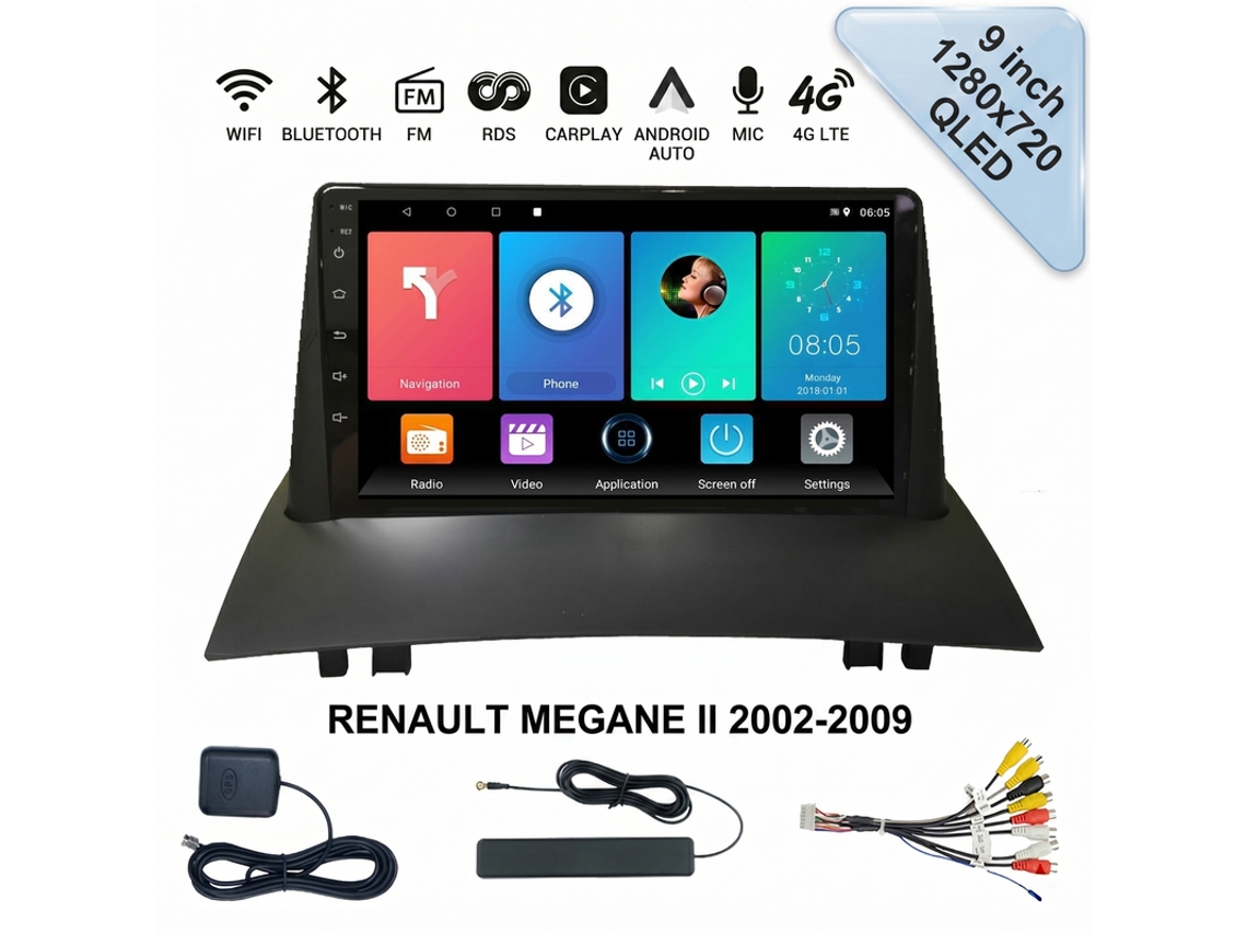 Autorradio SZSMART Renault Megane 2, 8GB+128GB, Wi-Fi, 4G LTE, CarPlay y Android Auto, Bluetooth 5.0, cámara trasera (02 09)