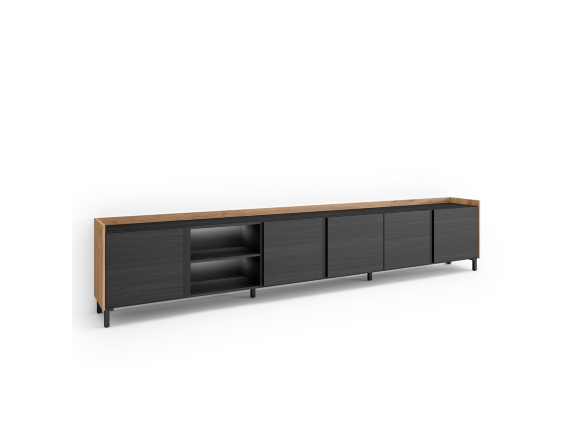 Mueble para TV, 309x35x61cm, para televisores de hasta 80", diseño industrial, LED, negro y roble.