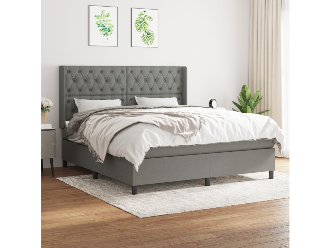 Cama Box Spring Con Colchón Tela Gris Oscuro 160x200 Cm