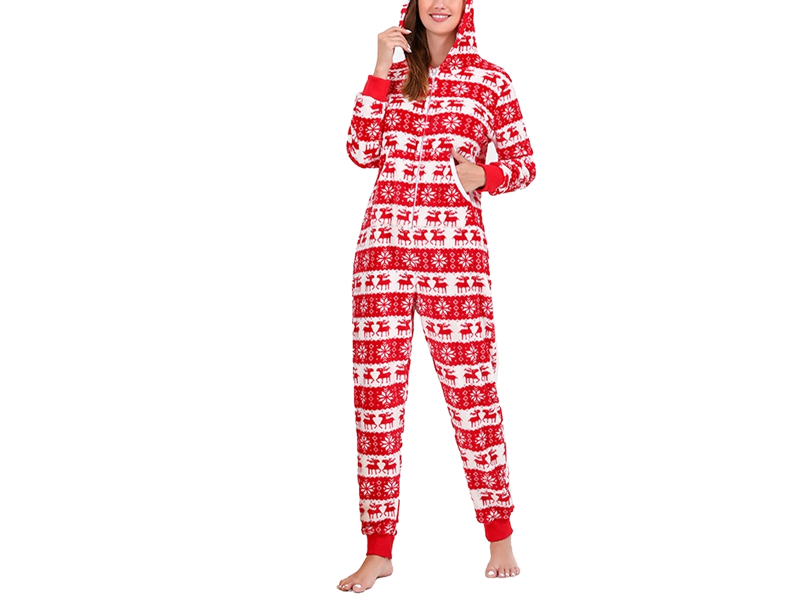 Pijama navideño Rebe con estampado de copos de nieve, capucha y bolsillos, conjunto familiar para mujer, talla M, rojo.