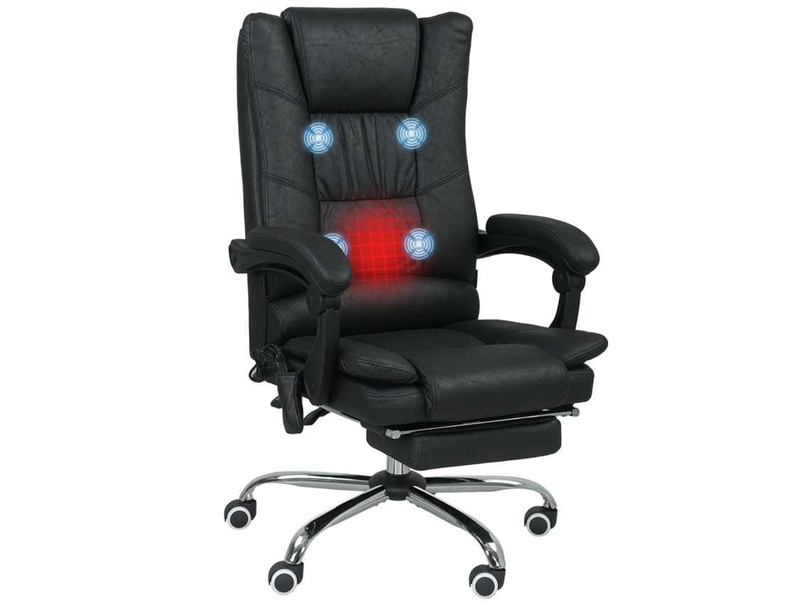 Sillón de masaje negro para oficina con reposapiés ajustable.