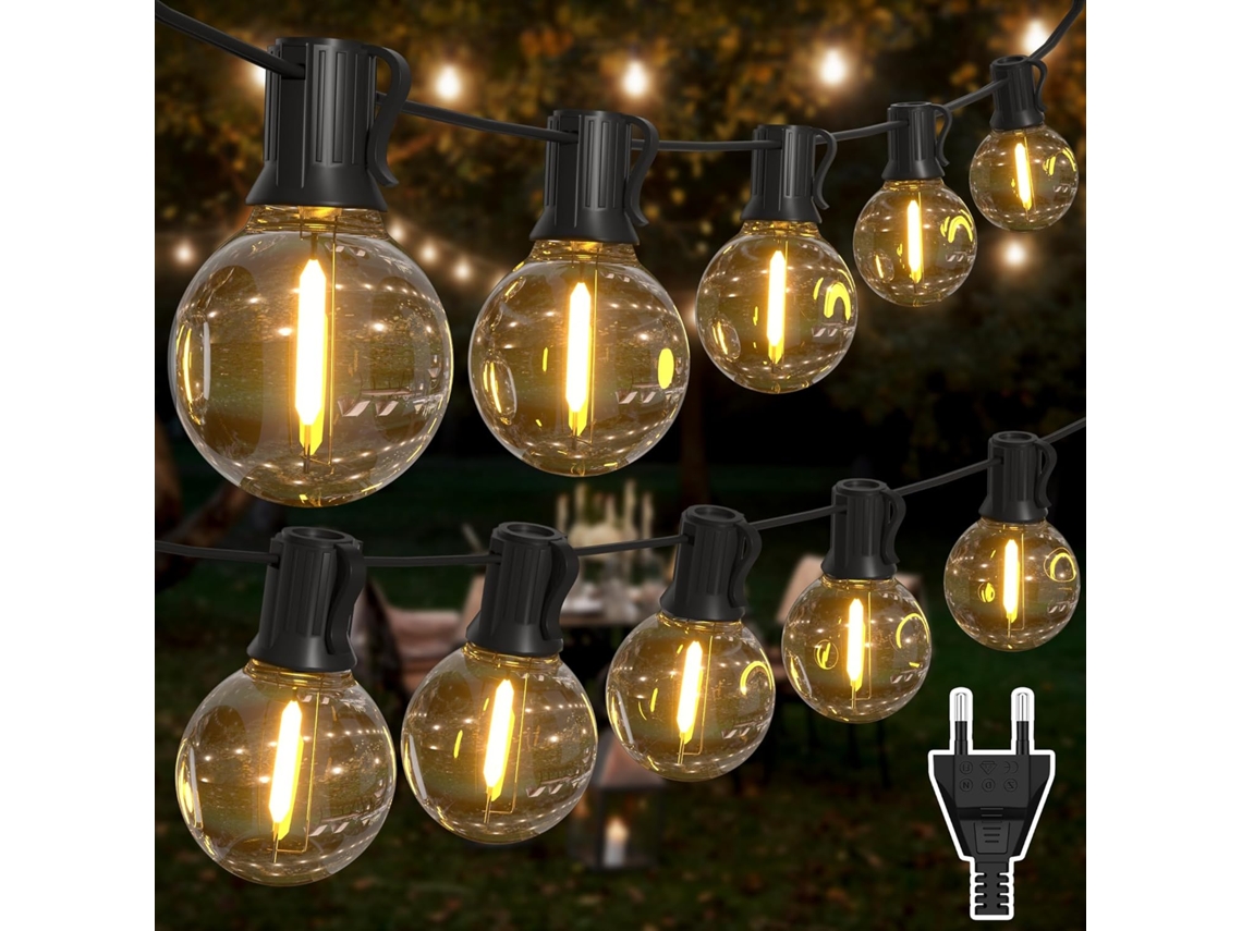 Varal De Luzes Externo De 30m, Com 50+2 Lâmpadas Led G40, À Prova D'água Ip45, Branco Quente