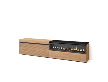 Mueble TV Televisión, 200x45x35cm, Para TV hasta 80, Chimenea eléctrica, Roble SKRAUT HOME