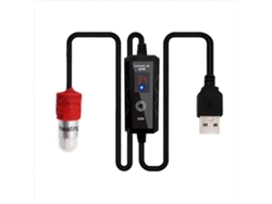 Mini calefactor USB GOKOCO con función de carga, termostato y rango de temperatura de 15 a 34 °C.