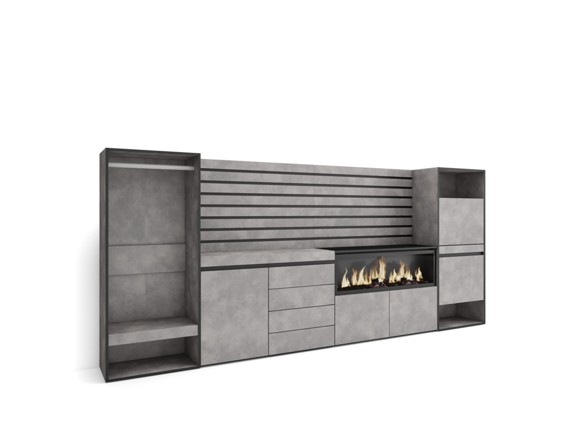 Aparador, Buffet | Amplio Espacio de Almacenamiento | 334x145x35 Cm | para Dormitorio | Chimenea Eléctrica XXL | Cómoda | Armario Abierto | Duérmete Online cemento
