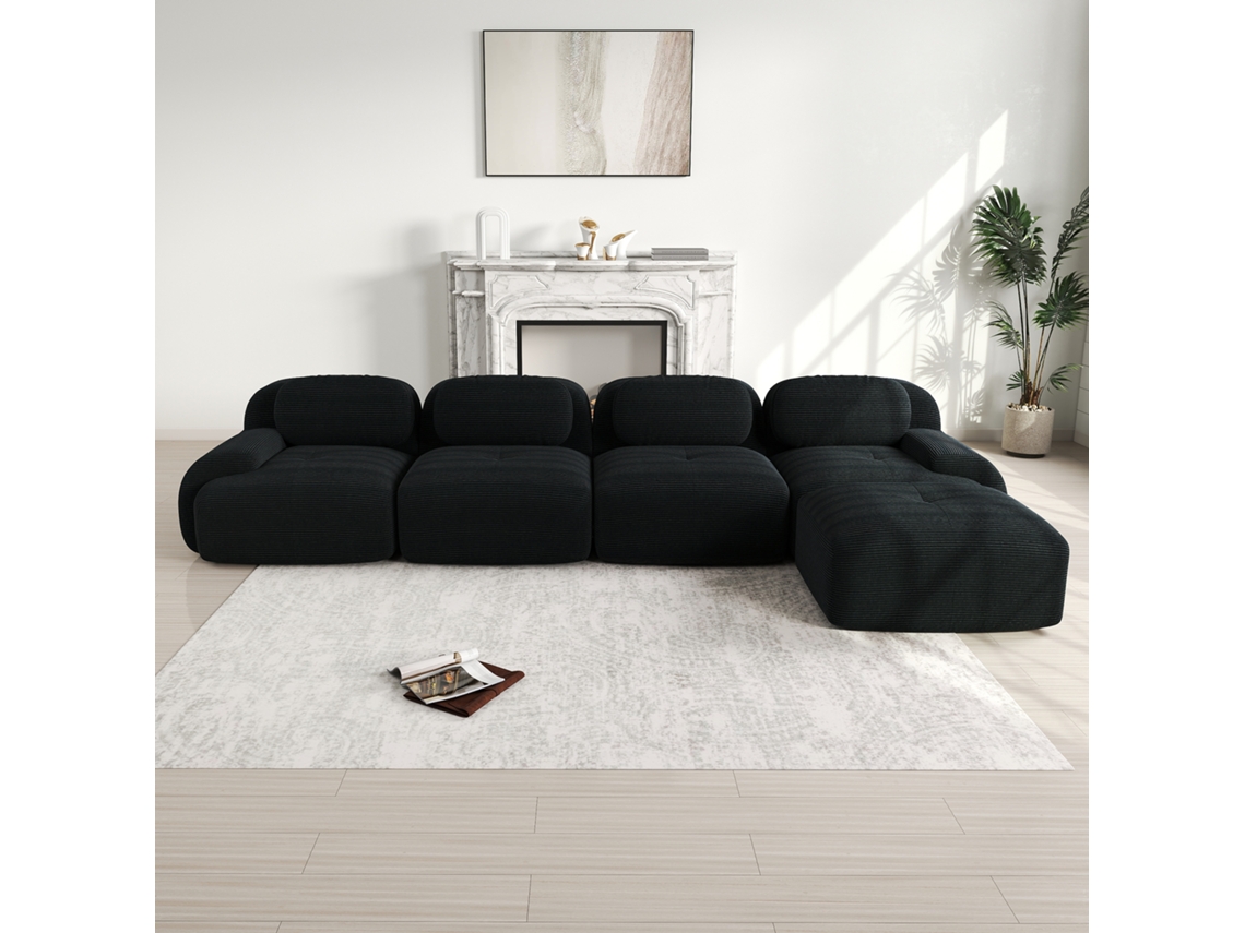 Sofá esquinero de 4 plazas en terciopelo Cannelê, modular con chaise longue, brazos anchos, no requiere montaje, color negro.