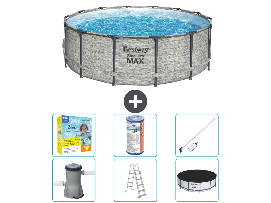 Piscina BESTWAY Round Steel Pro MAX - Estampado Piedra - 427 x 122 cm - Incluye Bomba - Escalera - Cobertor Accesorios CB36