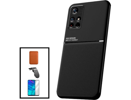 Kit Funda Magnetic Lux, Magnetic Wallet Márron, 5D Full Cover y Soporte Magnético L Safe Driving Xiaomi Poco M4 Pro 5G PHONECARE Negro