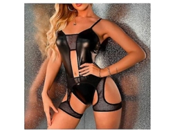 2026-body Suit Sexy De Cuero Pu Para Mujer Con Ligas Teddy Lencería Catsuit Piel Mojada Latex Talla Única