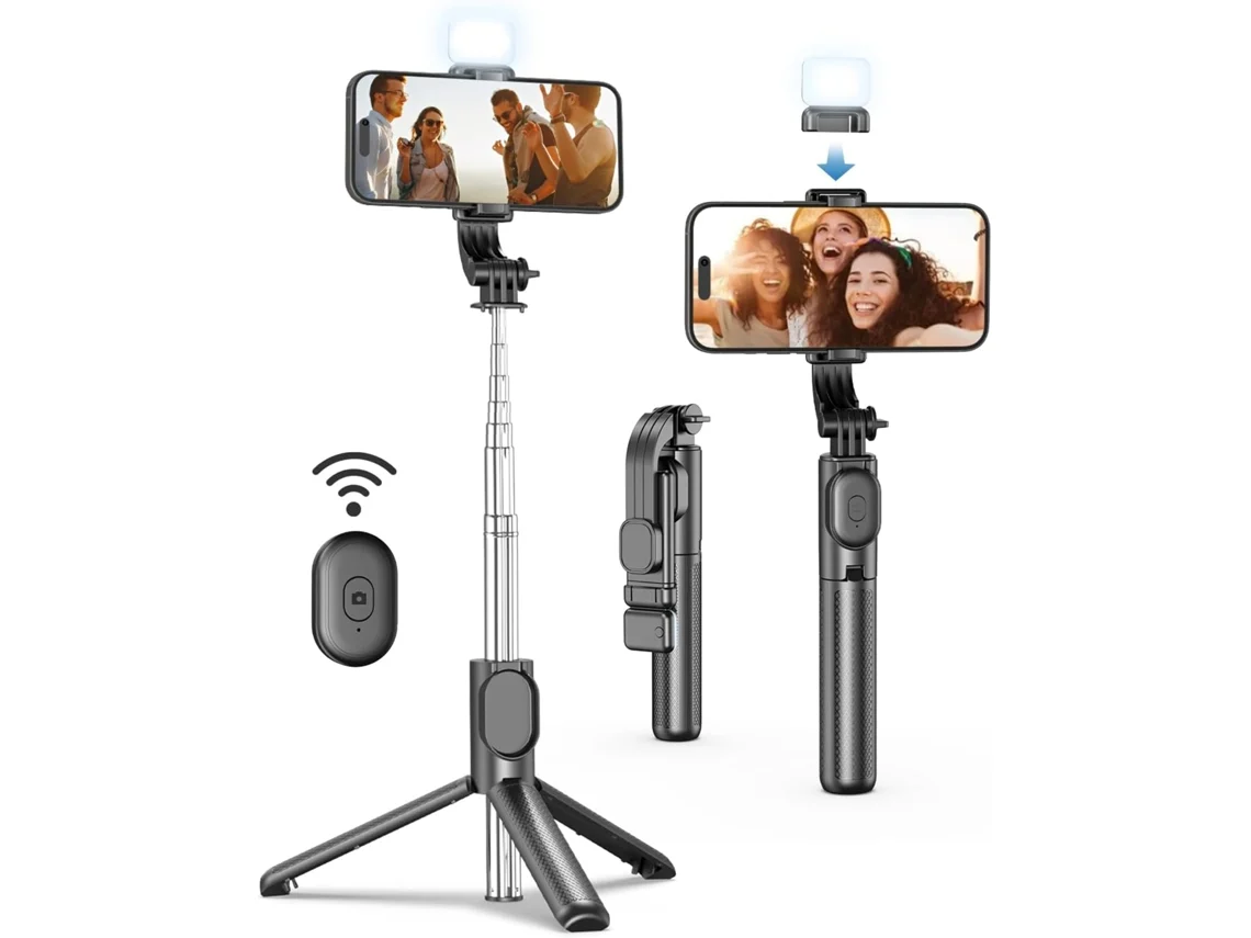 Trípode para selfies con control remoto inalámbrico, extensible y plegable para iPhone y Samsung, portátil y duradero, soporte giratorio de 360 grados.