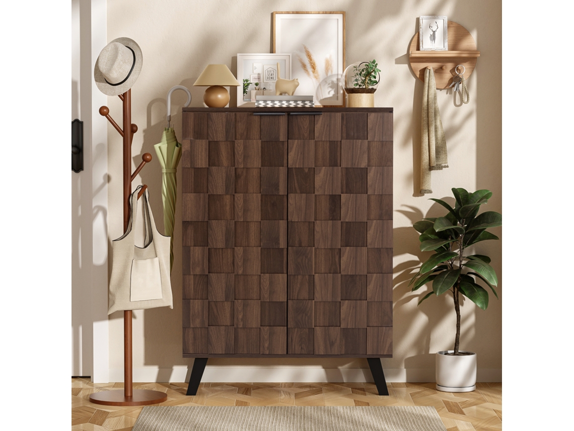 Aparador/zapatero moderno con 5 compartimentos en madera oscura. Dimensiones: 80 x 35,5 x 110 cm. Estantes ajustables.
