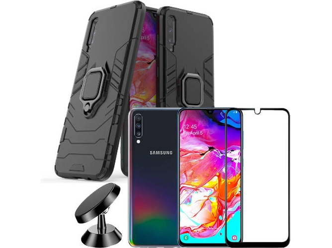Kit Carcasa, Protector de Cristal 5D y Soporte Magnetico Auto Samsung Galaxy A70 Military Defender Negro