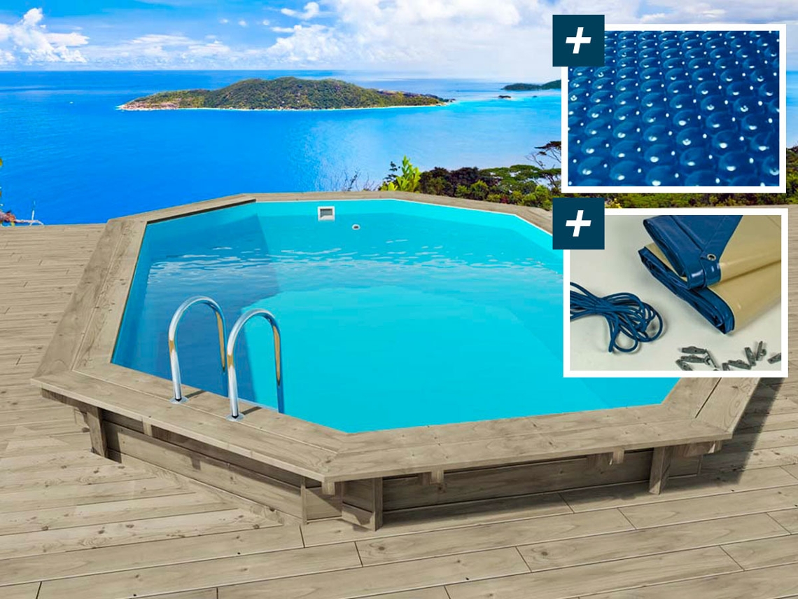 Piscina De Madera Miami 130 - 4,86 X 3,36 X 1,30 M Cobertor De Burbujas 180 Μ Cobertor De Invierno 280 Gr/m²