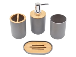 Juego De Baño De 4 Piezas Estilo Nórdico En Bambú Y Plástico Gris Con Dispensador De Jabón Y Accesorios.