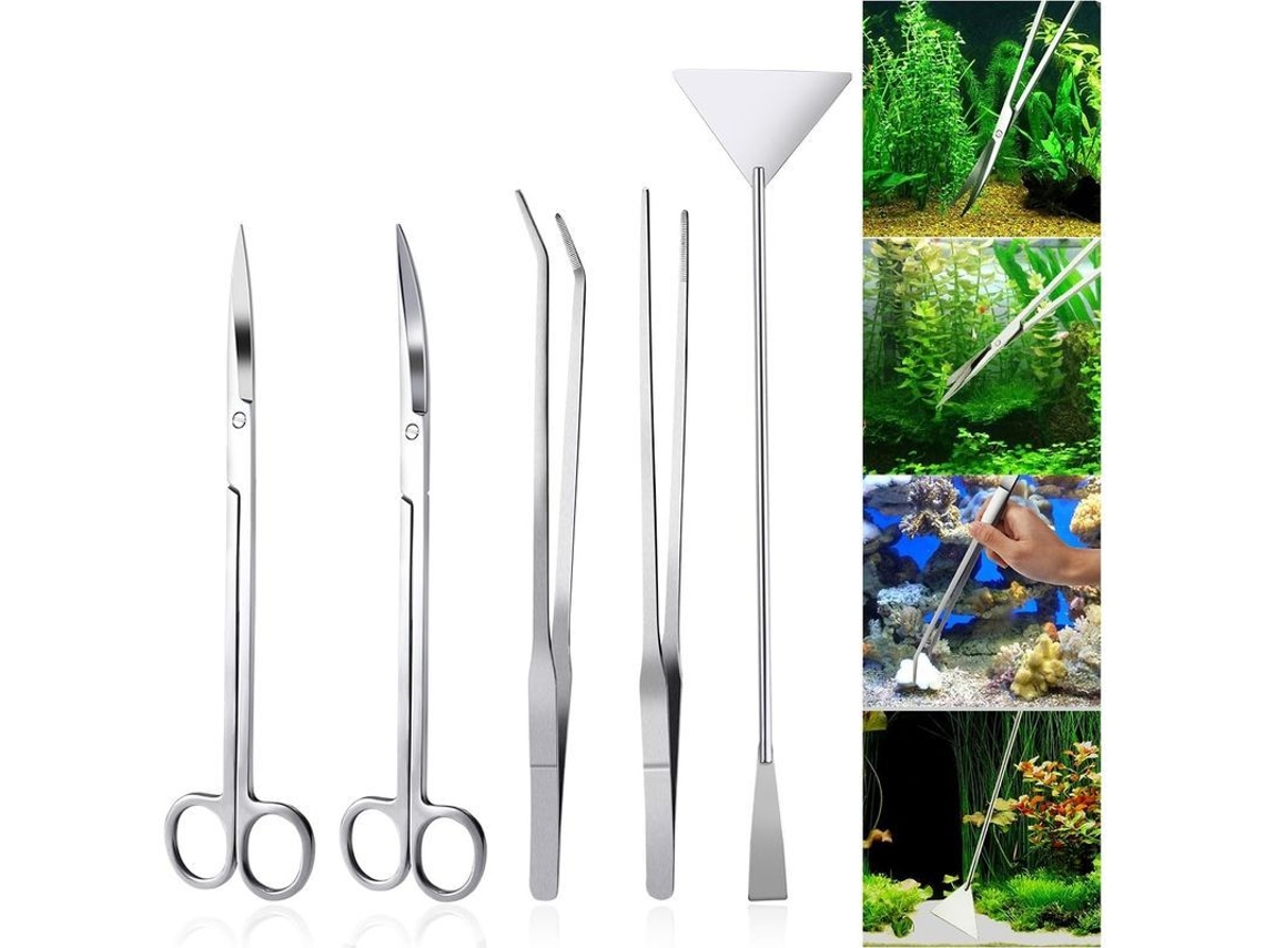 Kit De Herramientas 5 En 1 De Acero Inoxidable Para Acuarios Y Paisajismo Acuático Con Pinzas Y Tijeras.