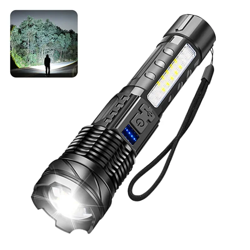 Potente linterna LED de 9900 lm con pantalla de batería, recargable por USB y zoom telescópico, ideal para camping y pesca al aire libre. Aeuzwr