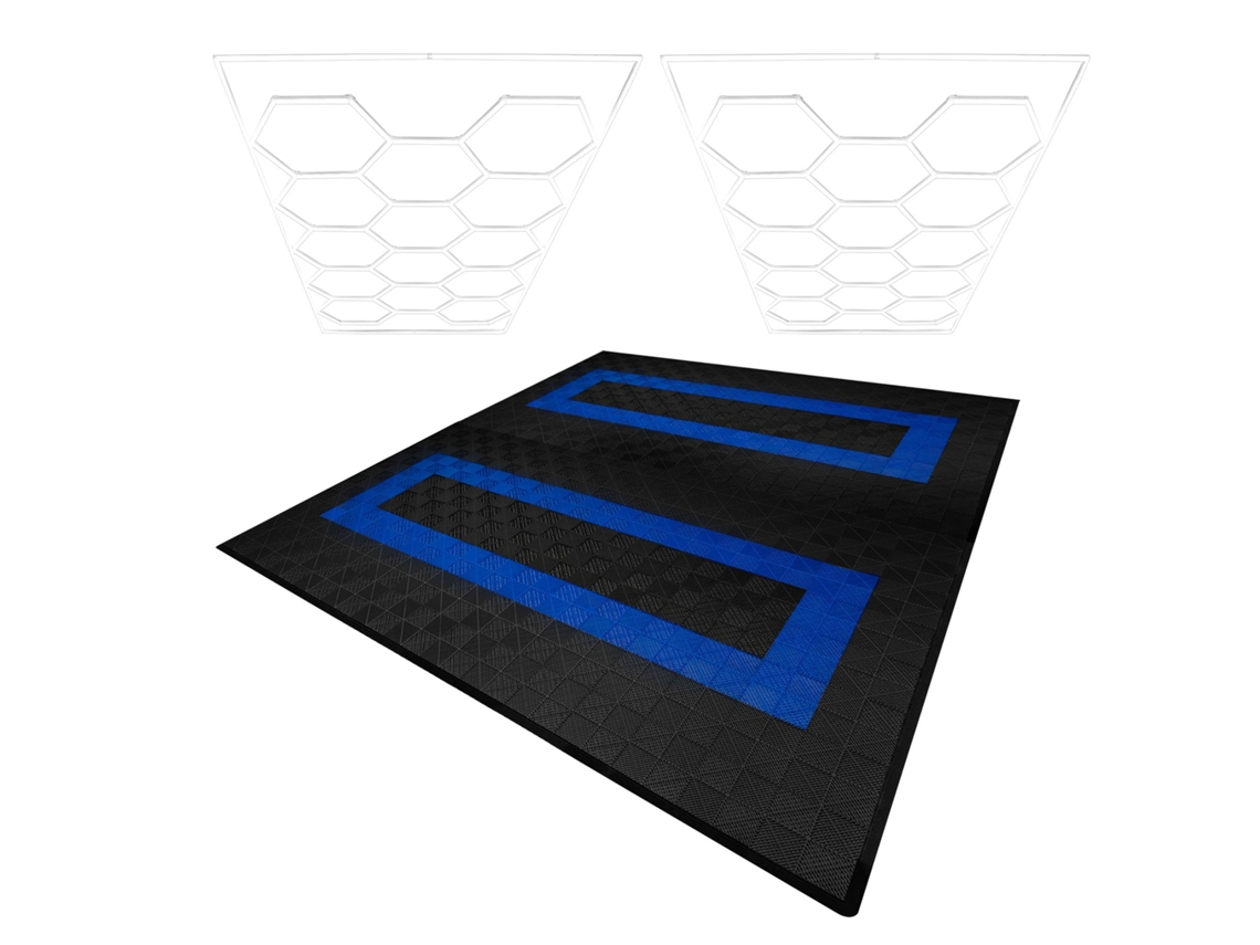 Lámparas de techo de polipropileno con bordes negros (x165) y azules (x60). Lámpara de techo LED hexagonal (x2 unidades). Monstershop (225 unidades).