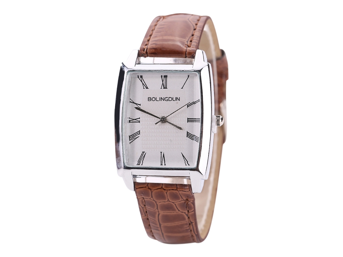 Reloj De Cuarzo Para Hombre Con Correa De Cuero Pu Moda Dial Romano Cuadrado Marrón Blanco
