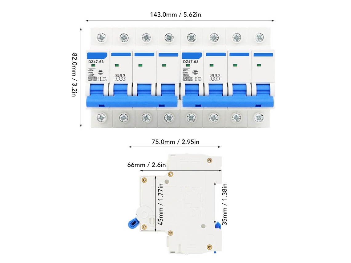 Disyuntor Miniatura De 4 Polos, 63 A, 400 V, Con Doble Enclavamiento, Para Montaje En Riel Din.