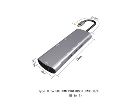 Adaptador Estaciones de acoplamiento USB3.1 Metal 8 en 1 Multifuncional Tipo-c a HDMI / PD / VGA Adaptador de concentrador de cargador USB 3.1 gris