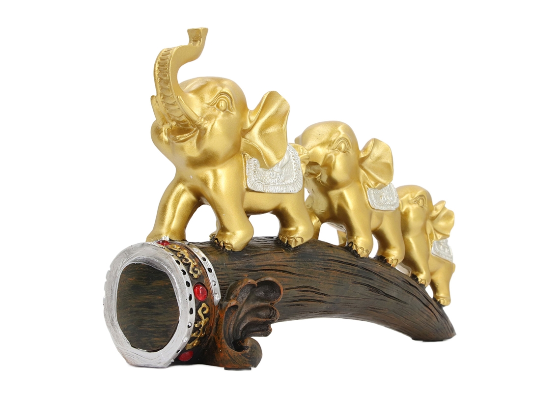 Estatua De Elefante Dorado Con Su Madre Y Cría, Decoración Budista Para La Suerte Y El Éxito.