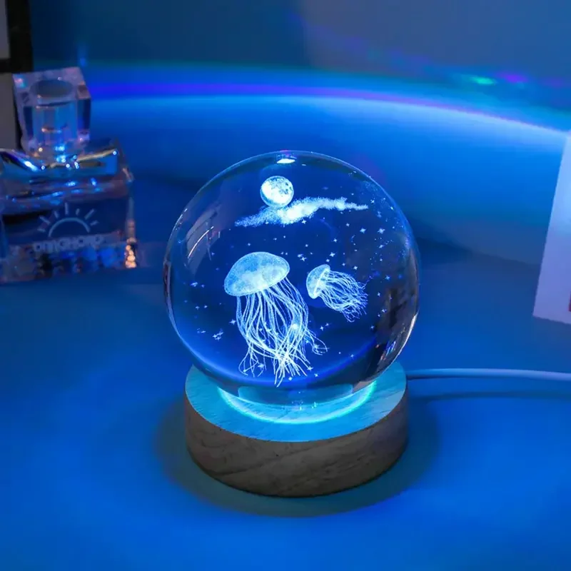 (Luz colorida) Lámpara de noche LED de 6 cm con forma de medusa 3D y cristal