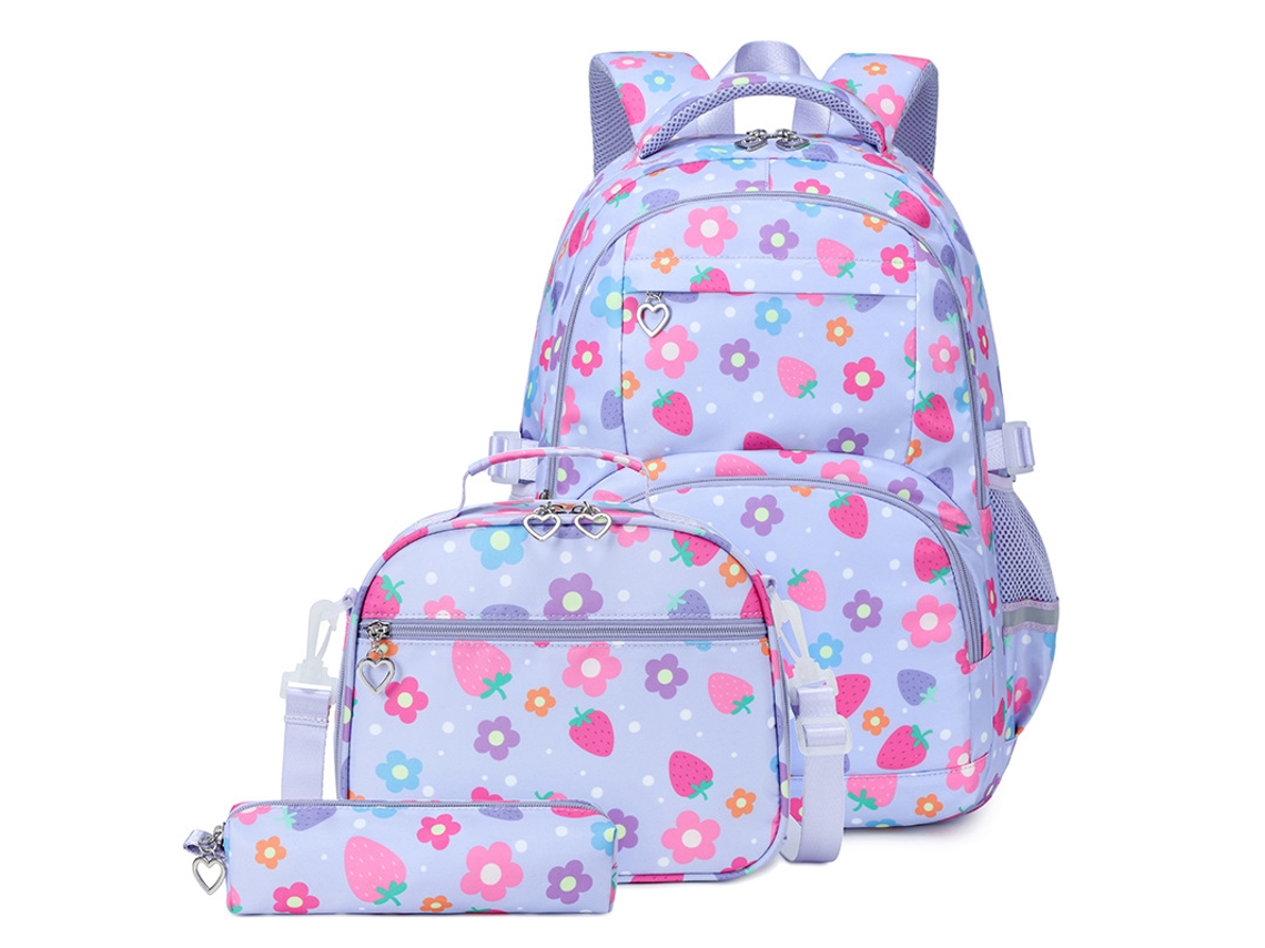 Mochila estudiantil estampada de tres piezas, gran capacidad, morada