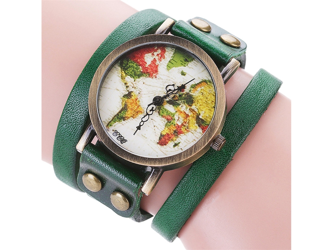 Reloj De Pulsera Multicapa Para Mujer Ccq Con Esfera De Mapa Retro Y Correa De Pu Verde.