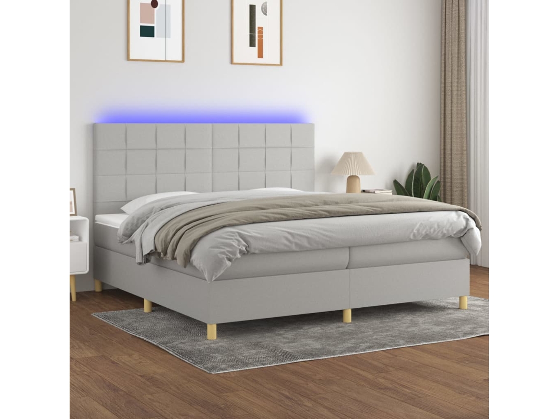 Cama Box Spring Con Colchón Tela Y Led Gris Claro 200x200 Cm