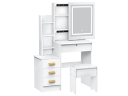 Cómoda Flasidu con Silla y Luz LED - 70x40x122cm - Blanco - 4 Cajones - Fácil Montaje - Espejo Corredizo Iluminado