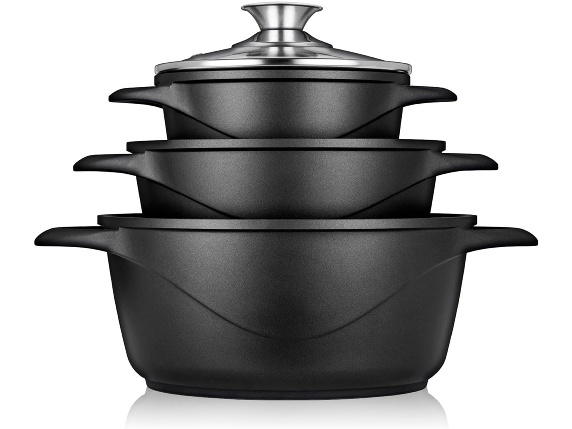 Batería De Cocina Inducción 6 Piezas Aluminio Fundido 3 Ollas Con Tapa De Cristal Antiadherente Briebe Mgk-18 Negro